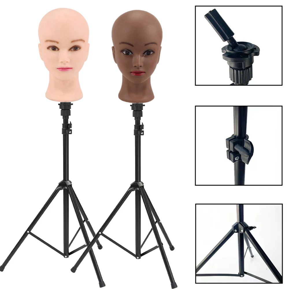 Black Metal Mannequin Stand Tripod 1Pcs Portable Wig Tripod Stand For Hairdressing Training Height Adjustable Tripod Wig Stand