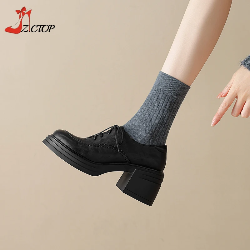 حذاء نسائي ريترو بدون كعب على الطراز البريطاني حذاء ماري جين بكعب عالٍ برباط من الجلد حذاء موحد بني وأسود