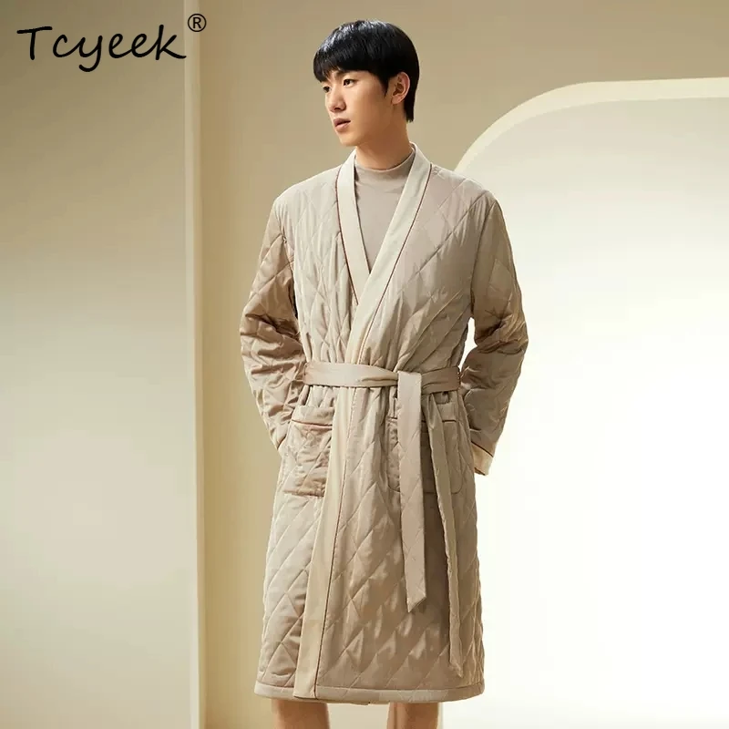 Tcyeek 充填 100% リアルシルクローブ男性用、パッチワーク暖かいホーム服、エレガントな厚いナイトローブ、2024 春の新 P41966QM