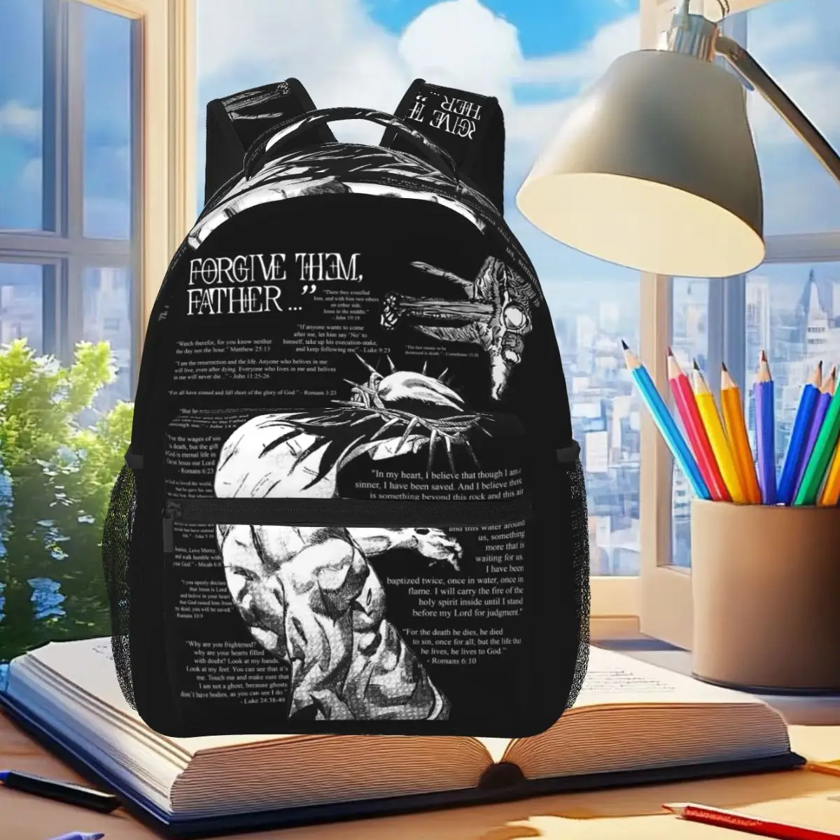 Christian Religious Jesus Forgive Them Father Graphic Backpack Student Boys Girls BookBag Children School Bag Shoulder Bags