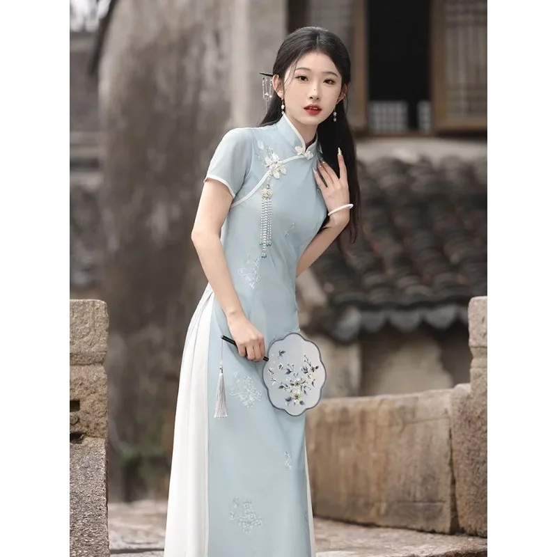 

Осеннее женское современное платье Cheongsam, синее платье с коротким рукавом и цветочным принтом, модифицированное Ципао, карнавальные костюмы на Хэллоуин
