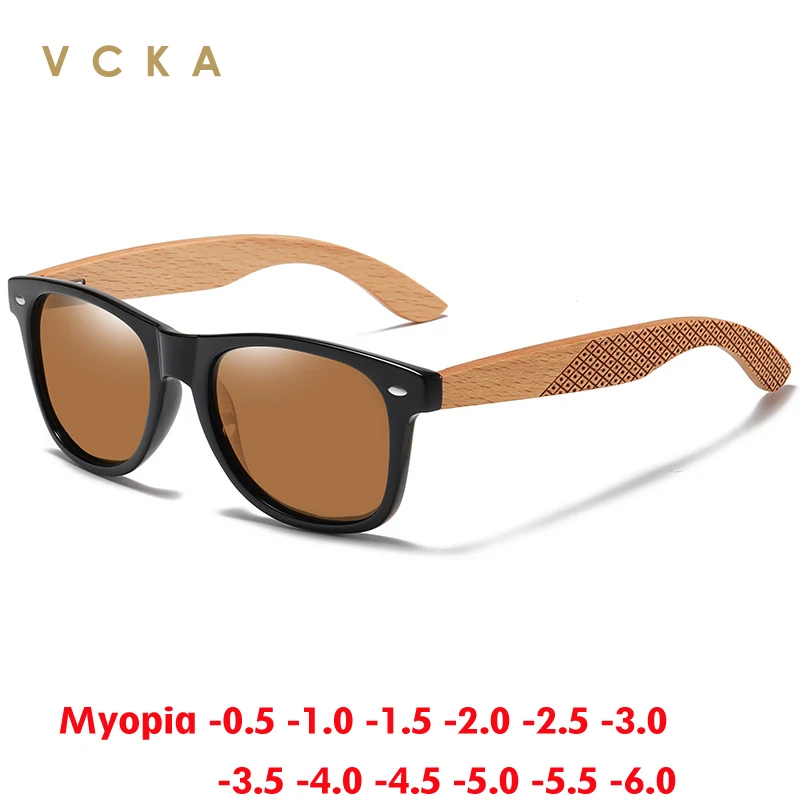 

VCKA Bamboo Wood Men Myopia Sunglasses Women Polarization Prescription Optics Square Glasses UV400 Optics Eyewear -0.50 to -10
