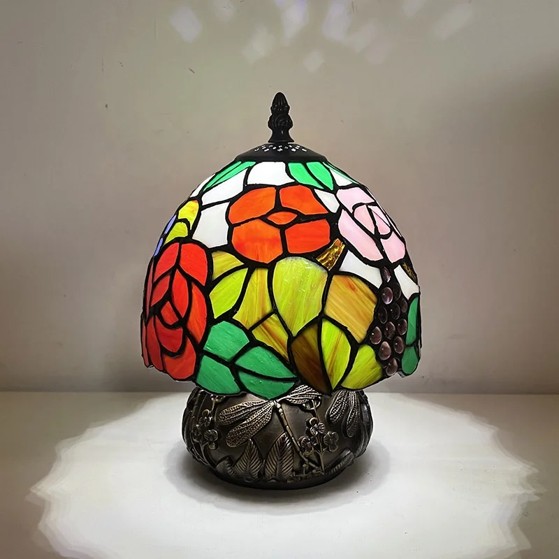 Tiffany Style Table Lamp Rose Flower Pattern Desk Side Lamp 8 Inches Stained Glass Lampshade for Living Room Bedroom