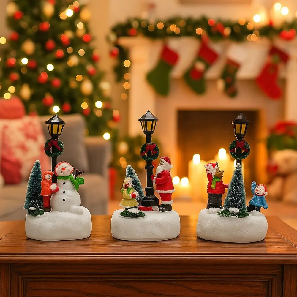 

Resin Luminous Christmas Statue Santa Claus Design Snow View Christmas Street Lamp Ornament with Led Lights Pine Needles