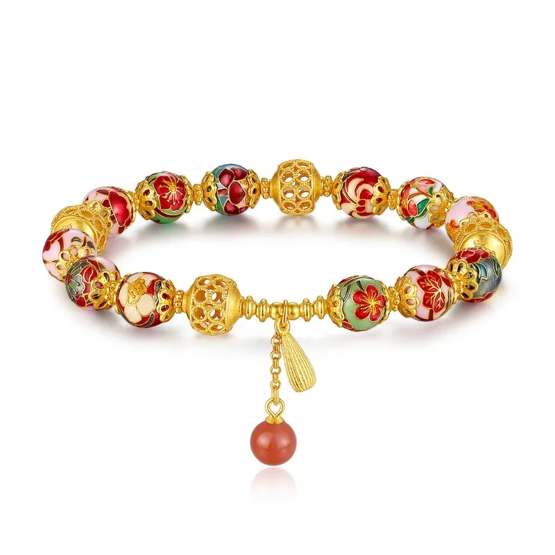 

Twelfth Birthday Flower Bracelet S925 Sterling Silver Cloisonne South Red Enamel Bracelet New Chinese Style National