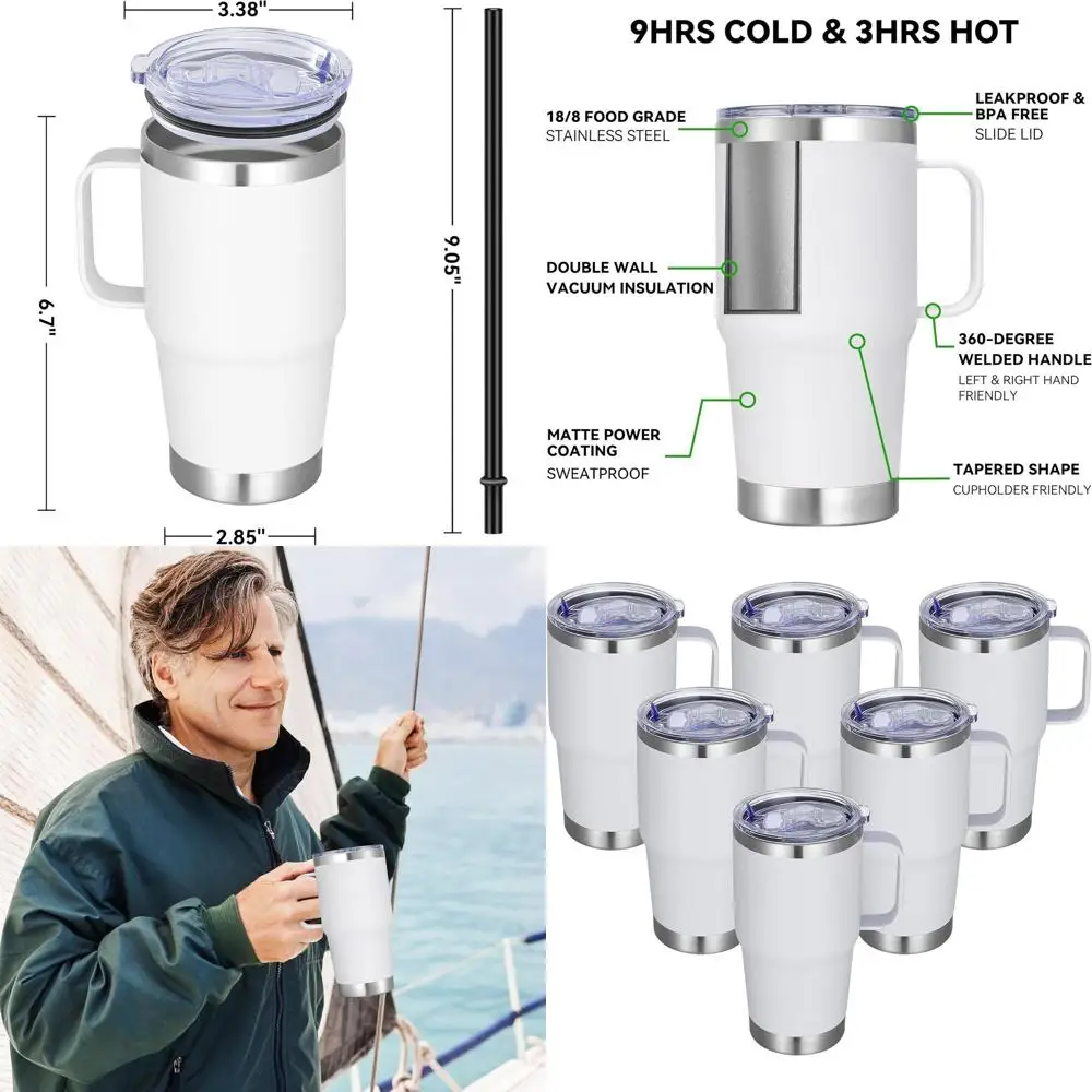 

Bulk 20oz White Stainless Steel Insulated Travel Mugs with Handle, Lid, and Straw, 6-Pack