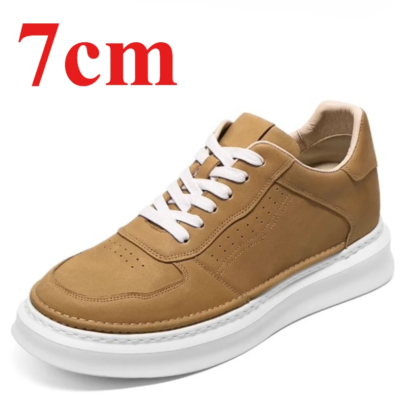 

Brown Height Increasing Shoes Men's 7cm Sports Board Shoes Casual Sneakers Genuine Leather Breathable Comfortable Elevator Shoes