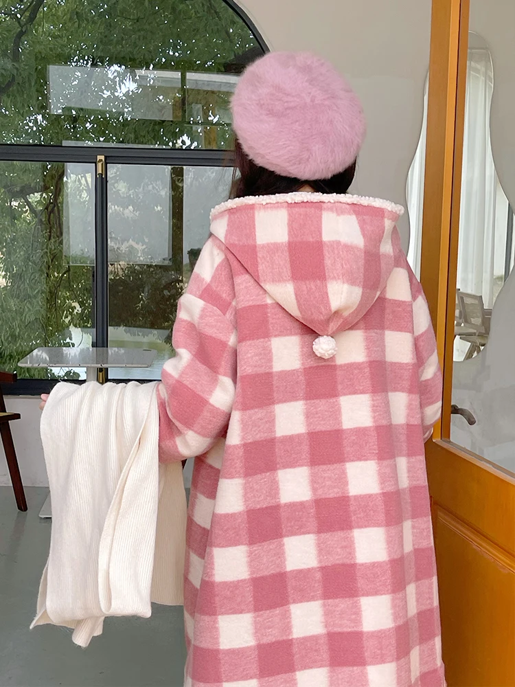 

Зимнее пальто Thiened для женщин, розовое, в клетку, шерстяное, с капюшоном, в стиле Sweet Girl, длинное, теплый молодежный пальто-свитер