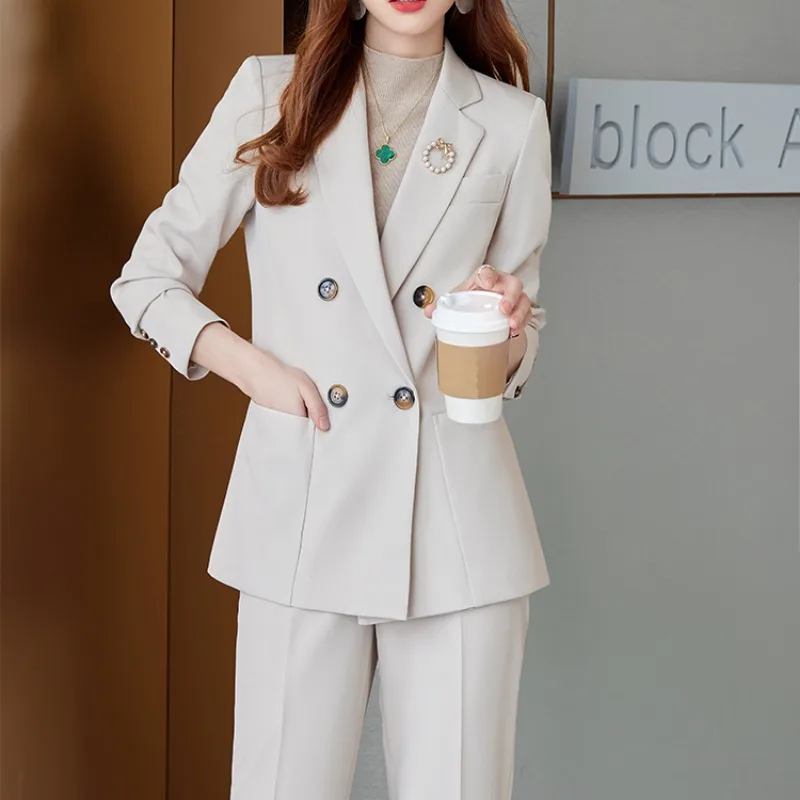 2023 Women Fashion Ladies Pant Suit Formal  Office Business Work Wear Blazer Trouser Beige Black Khaki 2 Piece Set with Pocket