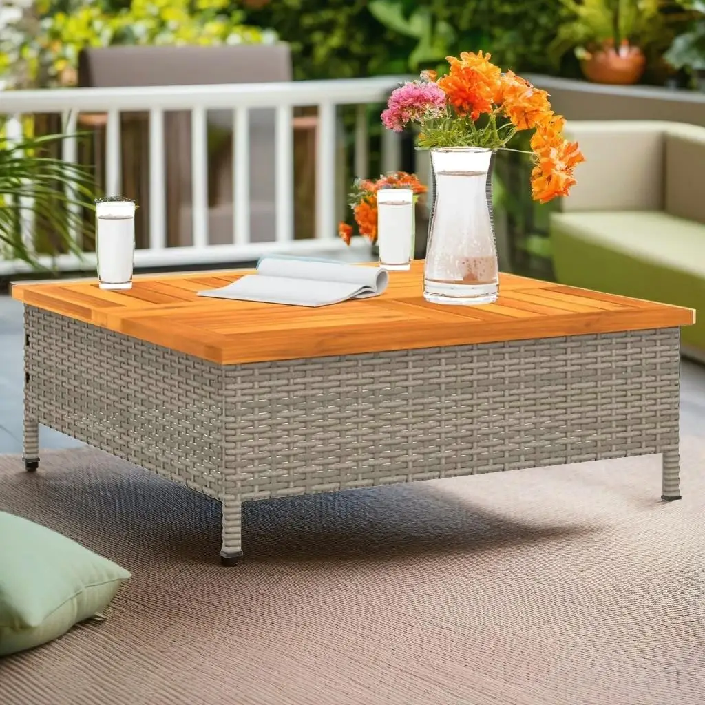 Gray Patio Table 27.6x27.6x9.8 - Rattan & Acacia Wood Outdoor Furniture