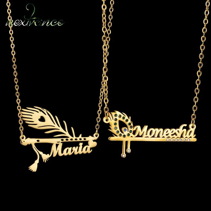 

Nextvance Customized Name Necklace Feather Zircon Stones Stainless Steel Personalized Nameplate Pendant For Women Jewelry Gifts