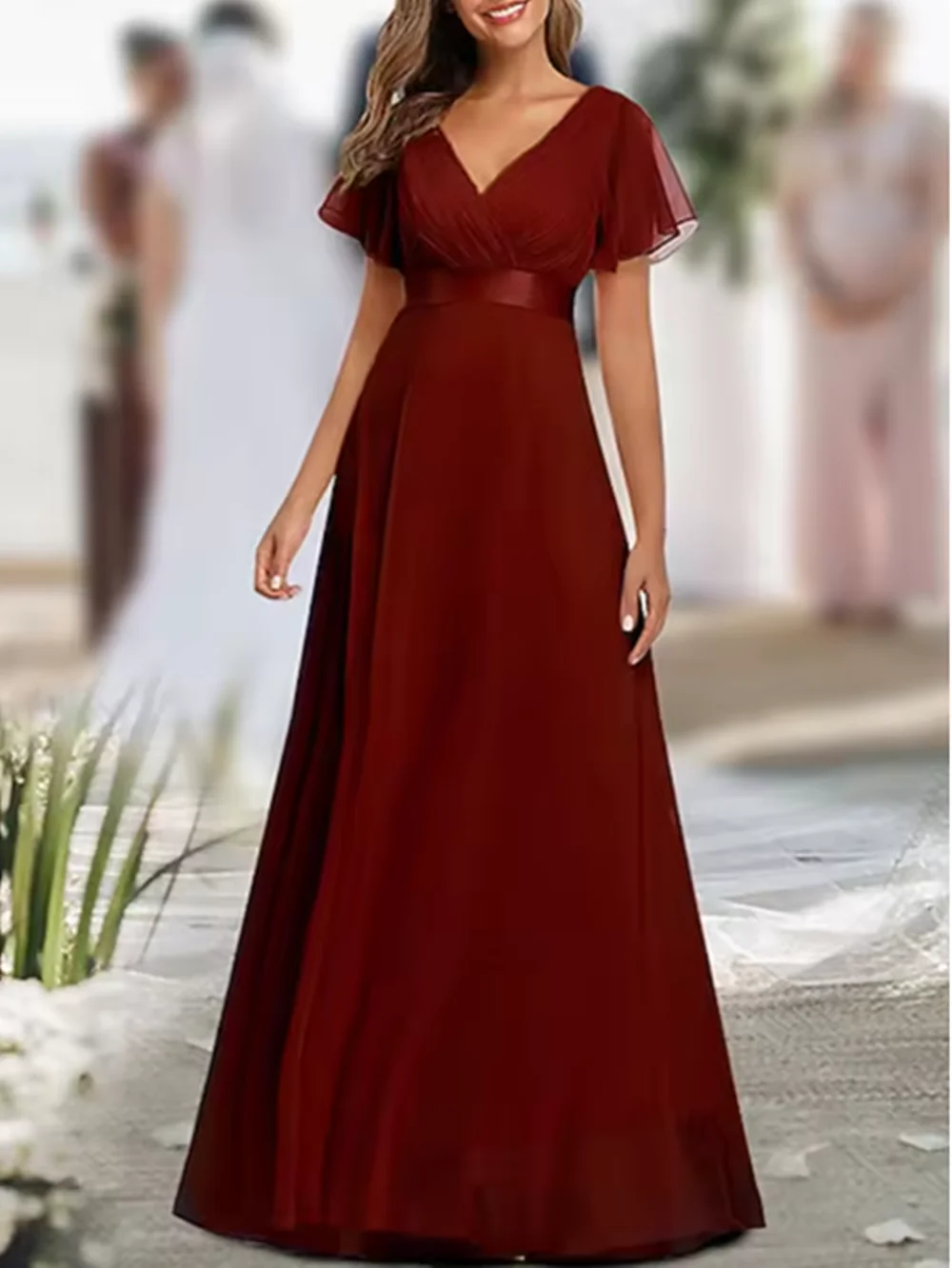 V Neck Short Sleeve Wedding Guest Floor Length Chiffon Bridesmaid Dress Ruched Ruffle Formal Evening Dress 2025 free customized