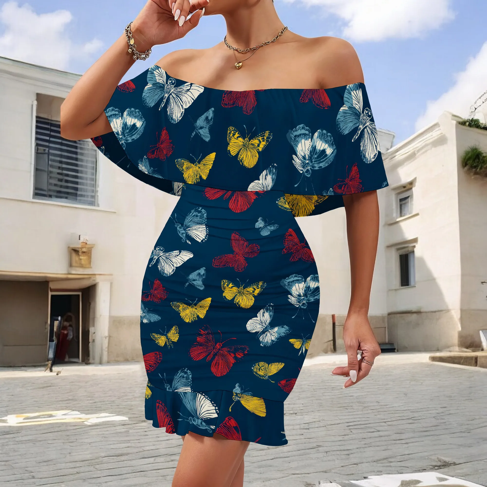 Womens Off Shoulder Ruffle Floral Summer Wedding Guest Dresses A Line Shift Short Skater Dress