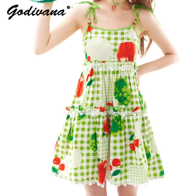

Original Design New Summer Women's Cute Fruit Printing Plaid Spaghetti Straps Dress Daughter Girls Kawaii Short Sling Dress