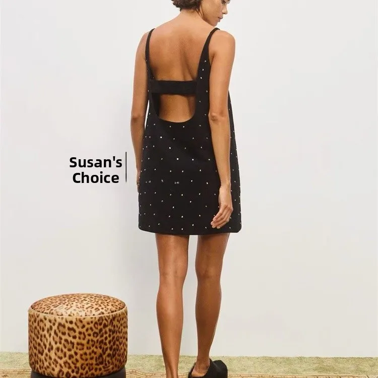 スーザン ブラック クリスタル装飾デニムベストドレス ショート丈 ストラップレス ホリデースタイル レディースファッション カジュアル サマードレス