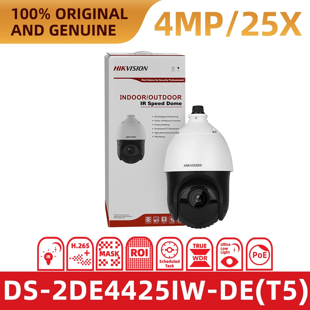 Original Hikvision DS‑2DE4425IW‑DE(T5) 4MP PTZ Speed Dome IP Camera 25X Optical Zoom AcuSense DarkFighter IR 100m PoE+ IP66 Outd
