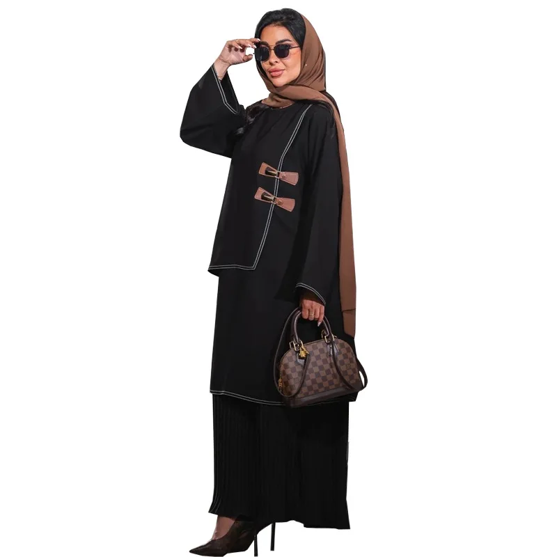 MQ215 Abaya negra de Oriente Medio para mujer, vestido musulmán, jersey de retales con dobladillo plisado, hebilla de cuero, batas Abaya musulmanas de Dubái