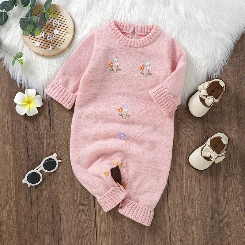 

Newborn Baby Romper Knitted Infant Girl Jumpsuit Long Sleeve Autumn Toddler Kid Clothing Fashion Embroidered 0-18M Overalls Warm