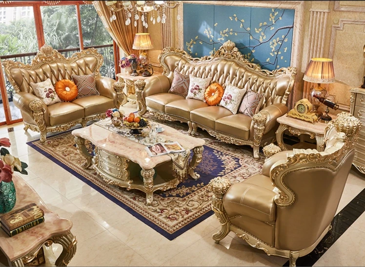 #￥MR High-End Carved Crown Atmosphere Combination Sofa Set European Luxury Villa Leather Living Room Sofas for Home Furniture