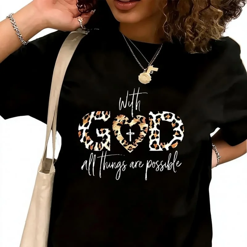 With God All Things Are Possible Women's T-Shirt 100% Cotton Funny Graphic Short Sleeve Tee Novelty Shirt Casual Crew Neck Top S-5XL