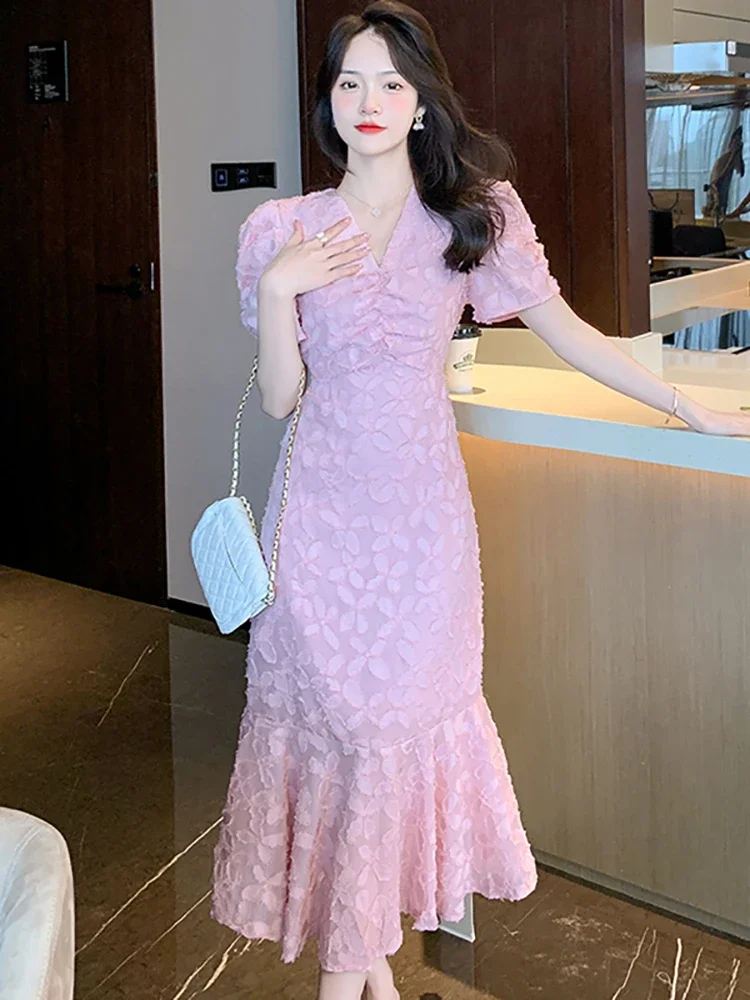 Summer Pink Jacquard manica corta Rufflem Mermaid Dress Green Fashion Beach outfit per le donne 2024 coreano Luxury Party Vestidos