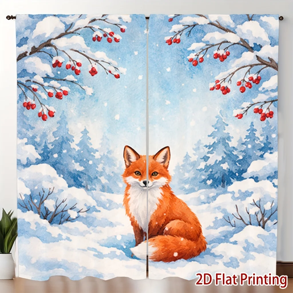 Watercolor Snow Ground Red Fox Rod Pocket Light Filtering Curtains 2 Panel Wildlife Drapes for Living Room Bedroom Decor
