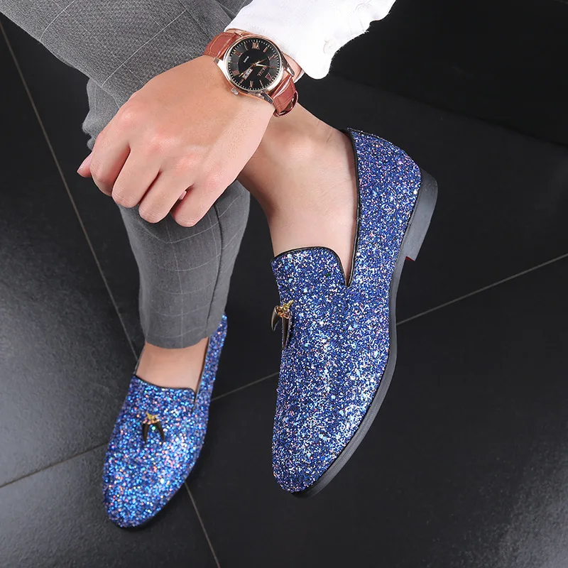 New Designer Retro Pointed Attractive Sequined Wedding Leather Oxford Shoes Blue Men Casual Loafers Formal Dress Zapatos Hombre