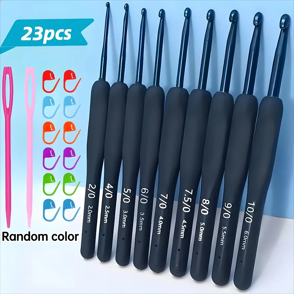 23Pcs Professional Crochet Hooks Set 2.0-6.0mm Black Ergonomic Soft Grip Knitting Needles with Stitch Markers DIY Weaving Tools