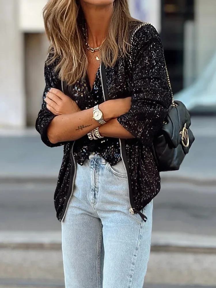 

Женская короткая верхняя одежда весна-лето 202, модные домашние куртки с длинными рукавами и блестками, женские пальто на молнии с круглым вырезом, уличная одежда