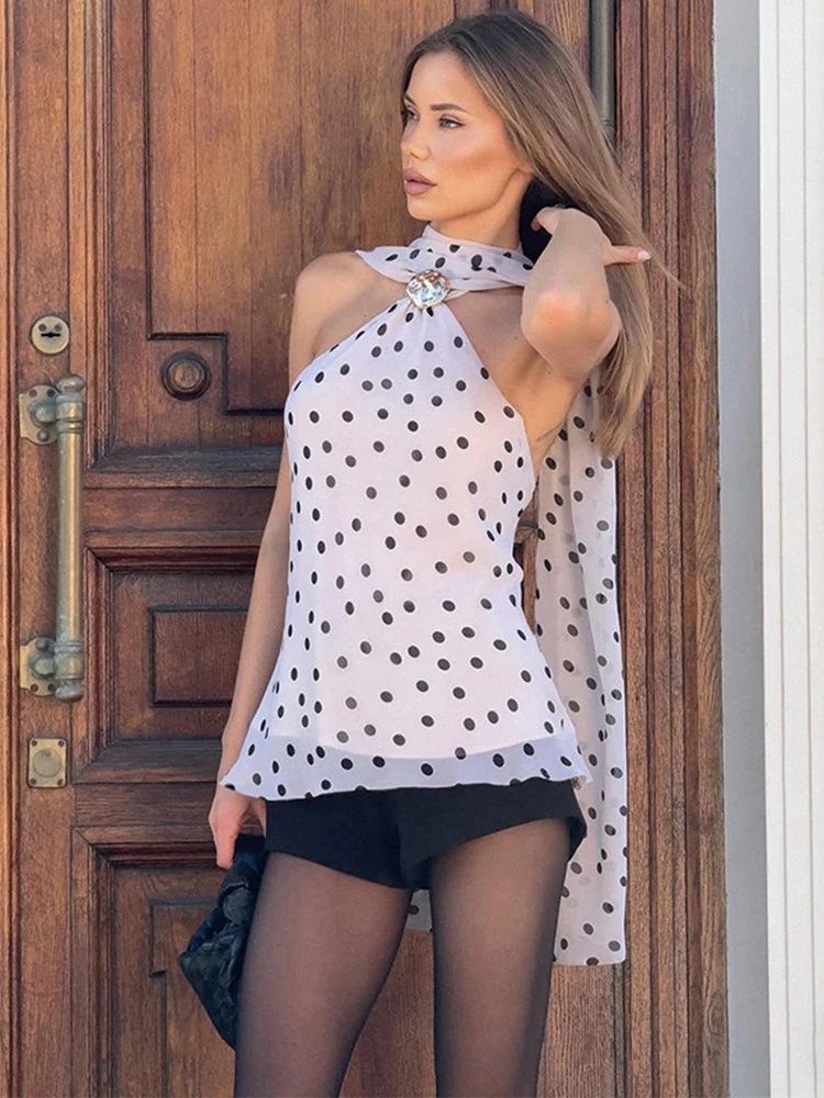 ترينديكس دوت طباعة انظر من خلال قميص قبالة الكتف سليم عالية الخصر الرسن الرقبة بلوزة حفلة Bodycon نادي مثير عارية الذراعين تانك القمم