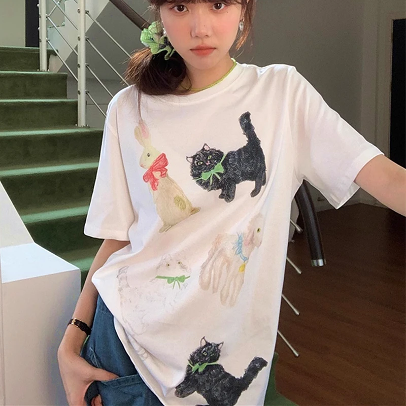 New High Street Vintage Animal Cats magliette stampate moda donna Creative Cotton Tees Summer Soft Loose Lovely Korean Y2K Tops