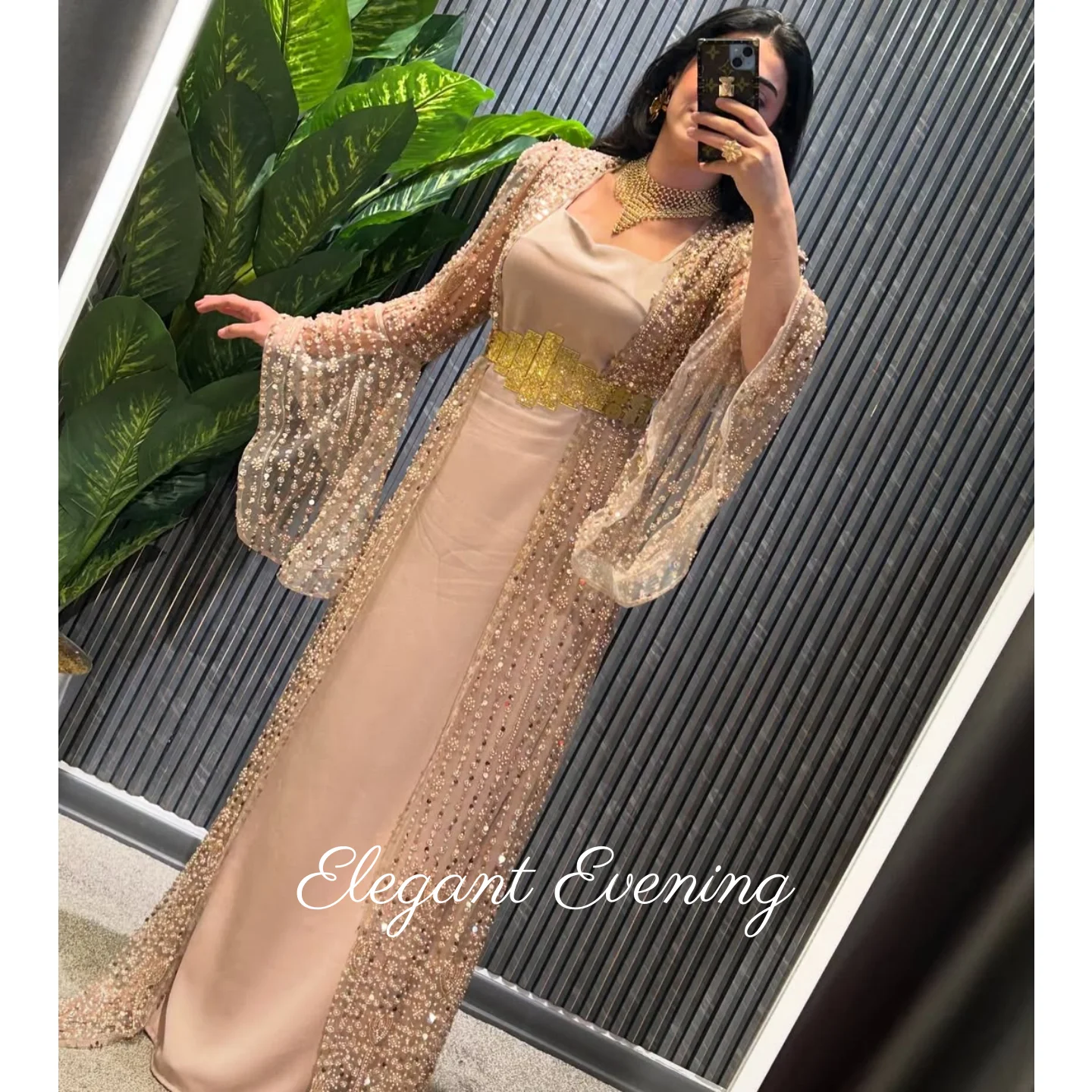 Purple Elegant Prom Dresses Square Neckline Long Sleeves Evening Party Dresses Sequins Beaded Wedding Guest Gowns Customized image 4