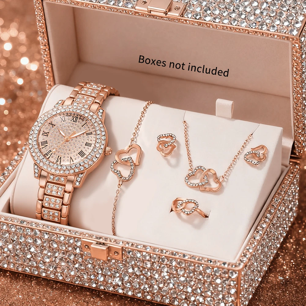 6pcs/set fashionable Arabic dial women's watch quartz watch heart-shaped accessory set Women's Watch (no box)