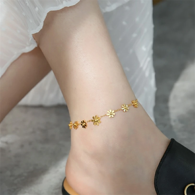 316L Stainless Steel New Fashion Upscale Jewelry Elegant Daisy 7 Flowers Charm Chain Bracelets Anklet Choker Necklaces For Women