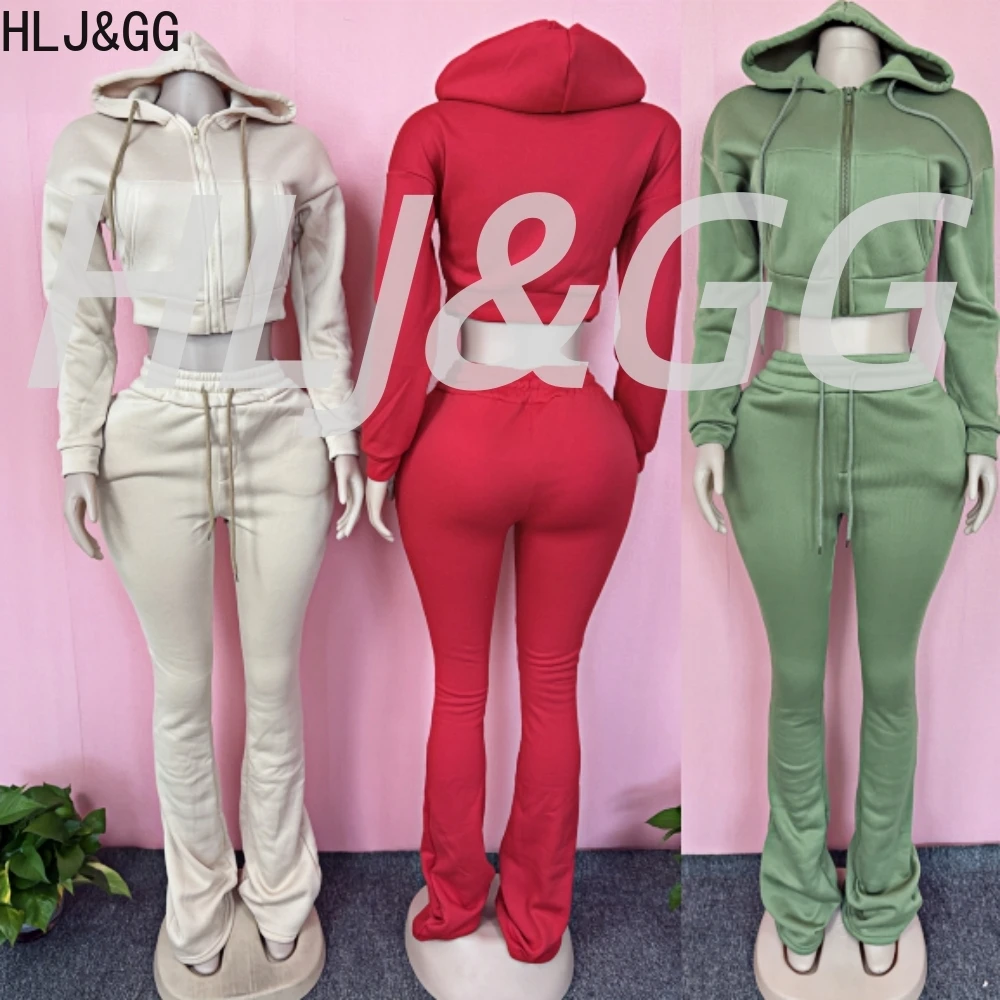 

HLJ&GG Autumn Winter Hooded Thick Skinny Pants Two Piece Sets Women Zip Long Sleeve Crop Top And Pants Outfits Casual Tracksuits