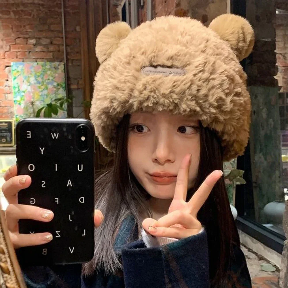 Cute Bear Winter Beanie For Women Solid Color Thicken Soft Plush Ears Warm Skullies Bonnet Outdoor Windproof Ski Skate Hats