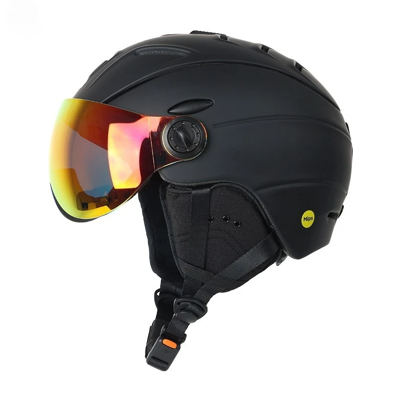 Ski helmet, integrated with goggles, multi-density, lightweight, detachable earmuffs, adjustable head circumference