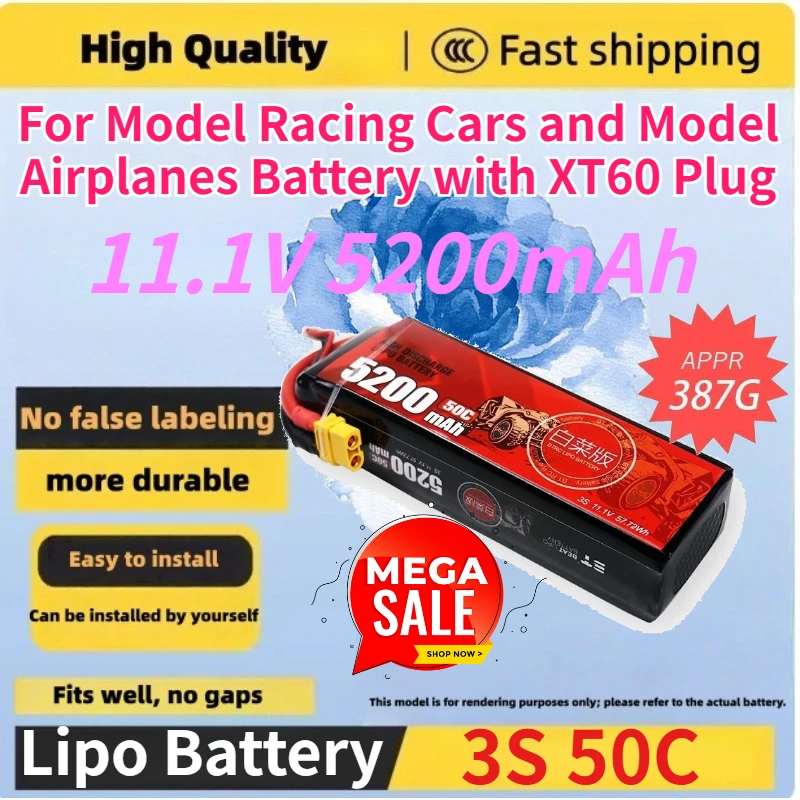 

11.1V 5200mAh 3S 50C Replace Rechargeable Lipo Battery Battery for Model Racing Cars and Model Airplanes Battery with XT60 Plug
