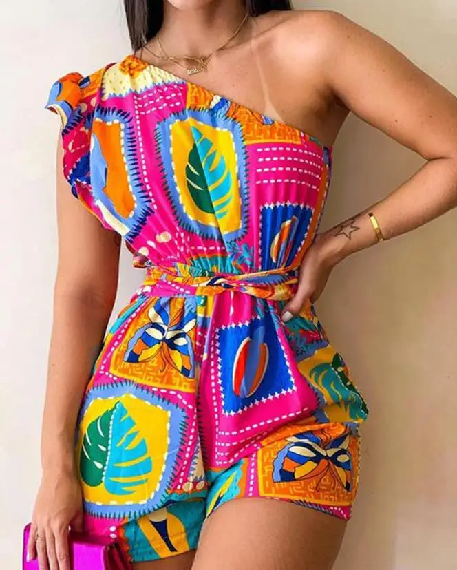 Jumpsuit Women 2023 Summer Fashion Scarf Print Sexy One Shoulder Casual Daily Sleeveless Tied Detail Vacation Romper