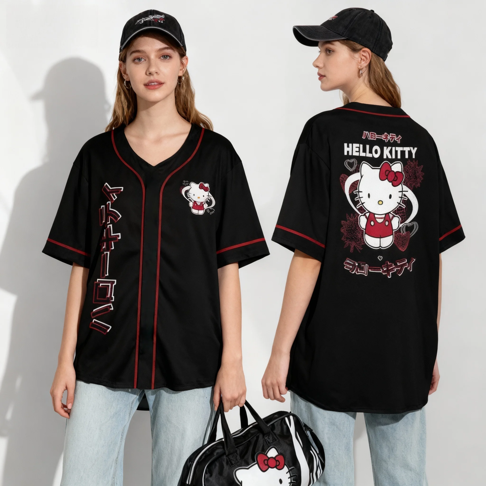 قميص سانريو فاميلي كورومي هالو كيتي تي شيرت صيفي حلو ورائع للشارع الأمريكي مقاس كبير للسيدات البالغات طراز جديد