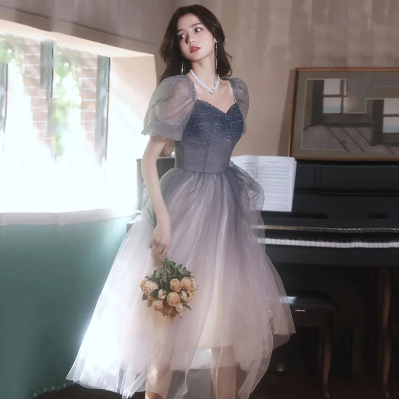 

Gradient Color Women Party Dresses Beading Sequins Puff Sleeve Mesh Slim Dress Female Banquet Evening Gowns