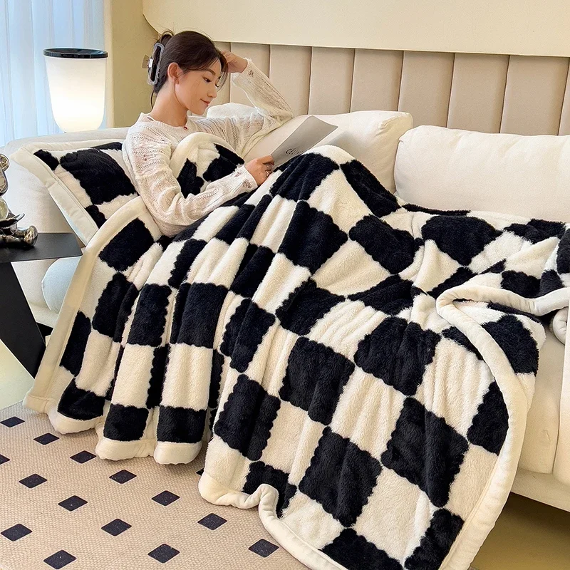 Checkerboard Double Layer Fleece Blanket Autumn Winter Warm Thick Plush Blanket for Bed Single Double Fluffy Soft Throw for Sofa