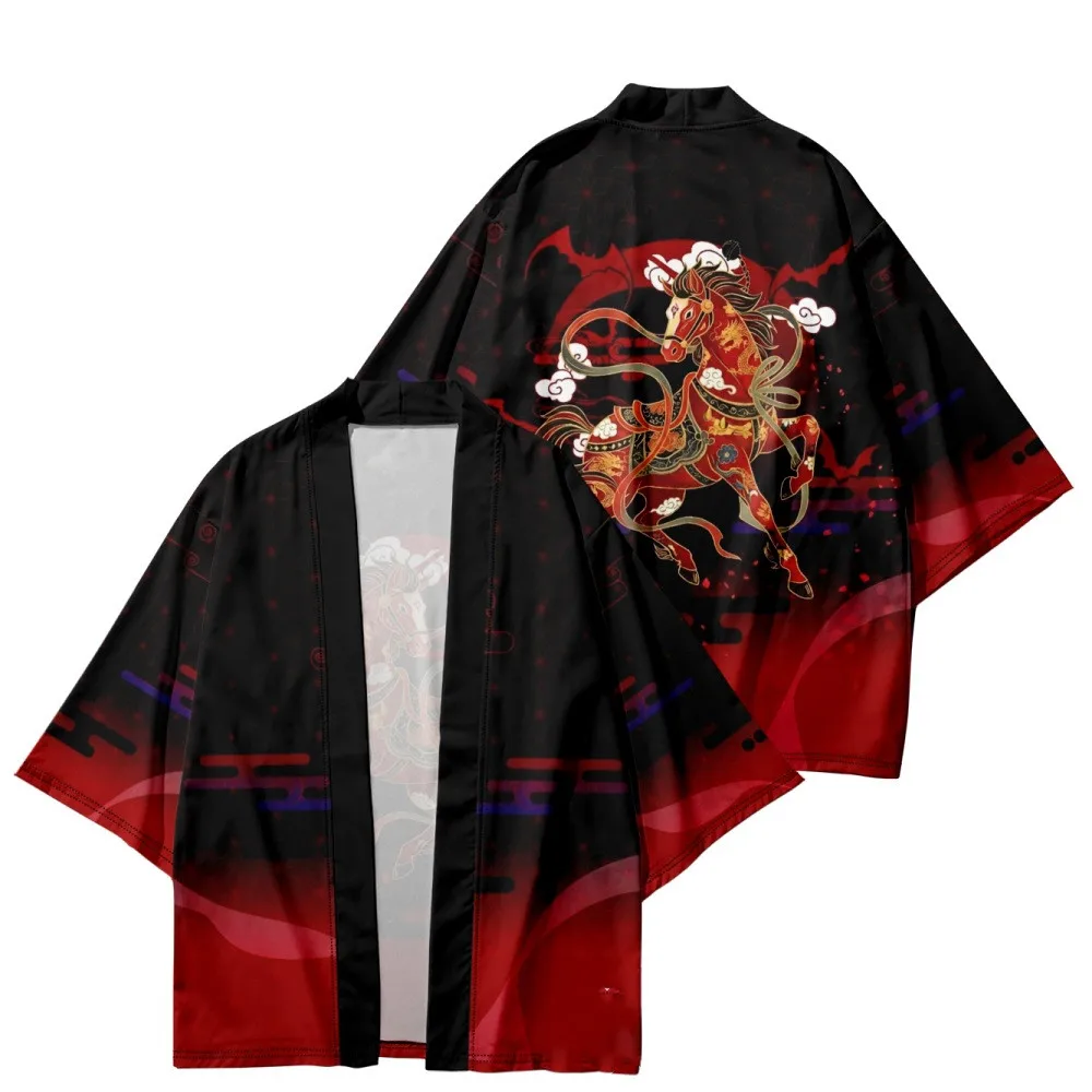 Kimono chinois pour hommes et femmes, costumes de cosplay, cardigan dégradé rouge et noir, pyjama Hanbok, vêtements traditionnels