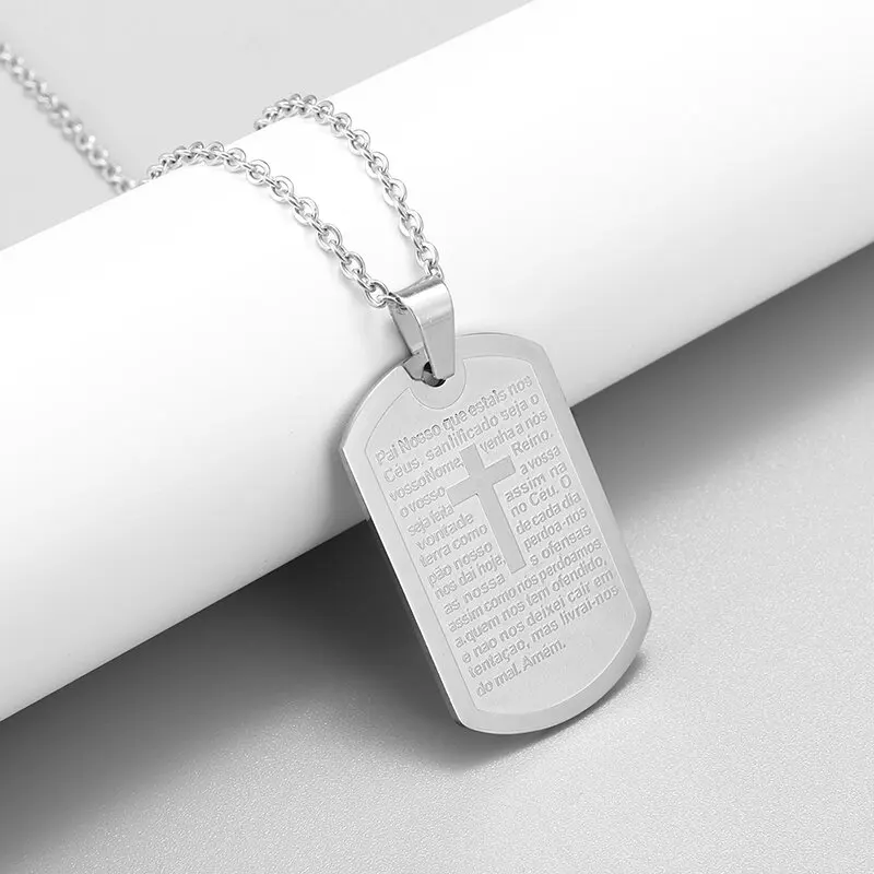 Stainless Steel Bible Verse Dog Tag Cross Pendant Men Women Boys Lord\'s Prayer Necklace Religious Amulet Jewelry Gift