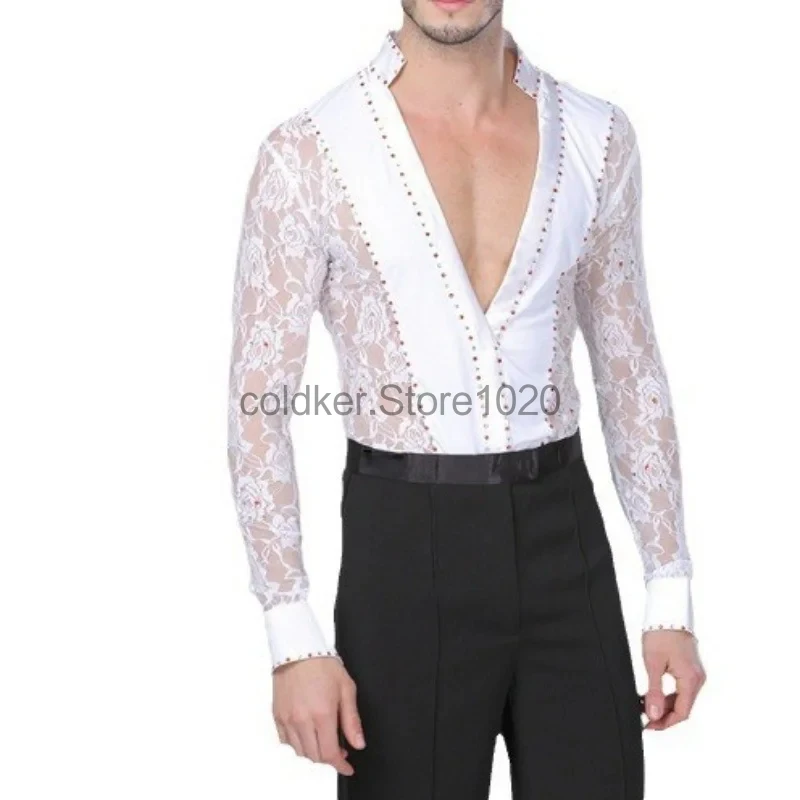 New Men\'s Latin Dance Costume Black White Hollow Lace Leotard Bodysuit Cha-Cha Tango Rumba Dance Performance Shirt For Male