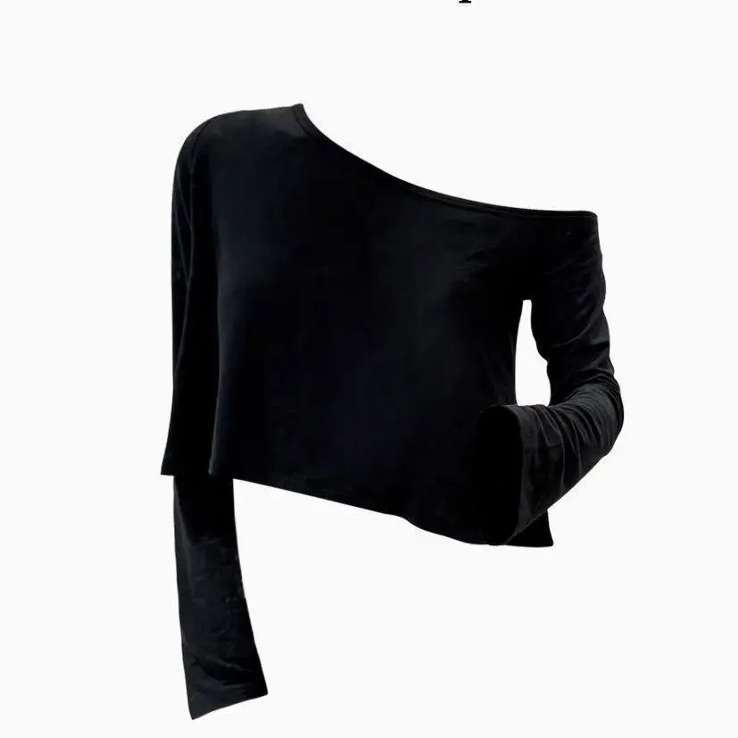 Sexy Pure Desire Shoulder Bared Long Sleeve T Shirt Women's Slim Fit Skin Revealing  Color Versatile Summer Commute Style