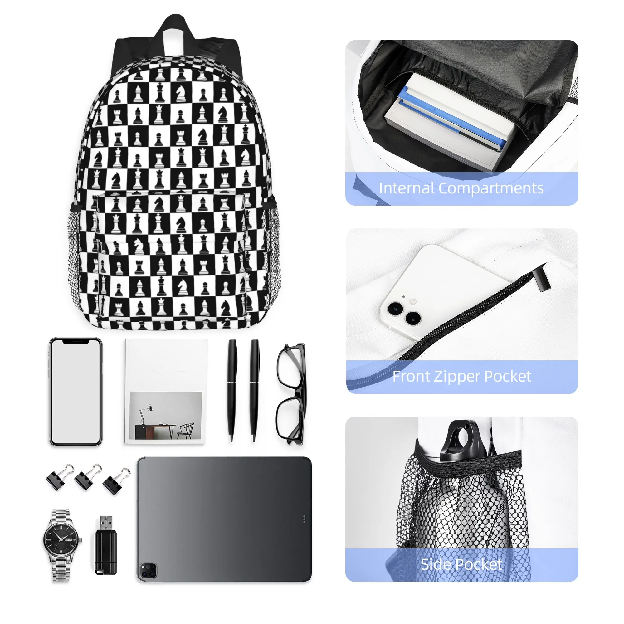 Black And White Chess Board Pattern Backpack Hot Sale Daypack Boys Girls BookBag Shoulder Bags for Men Women School Bag