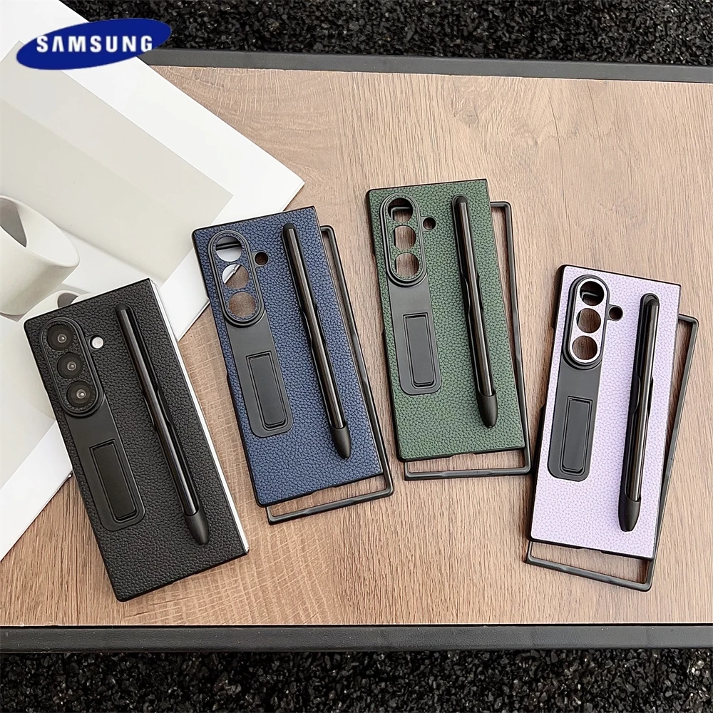 Mode Lychee textuur met pensleuf hoesje voor Samsung Galaxy Z Fold 7 6 5 PU mat lederen patroon cover schokbestendige luxe cover