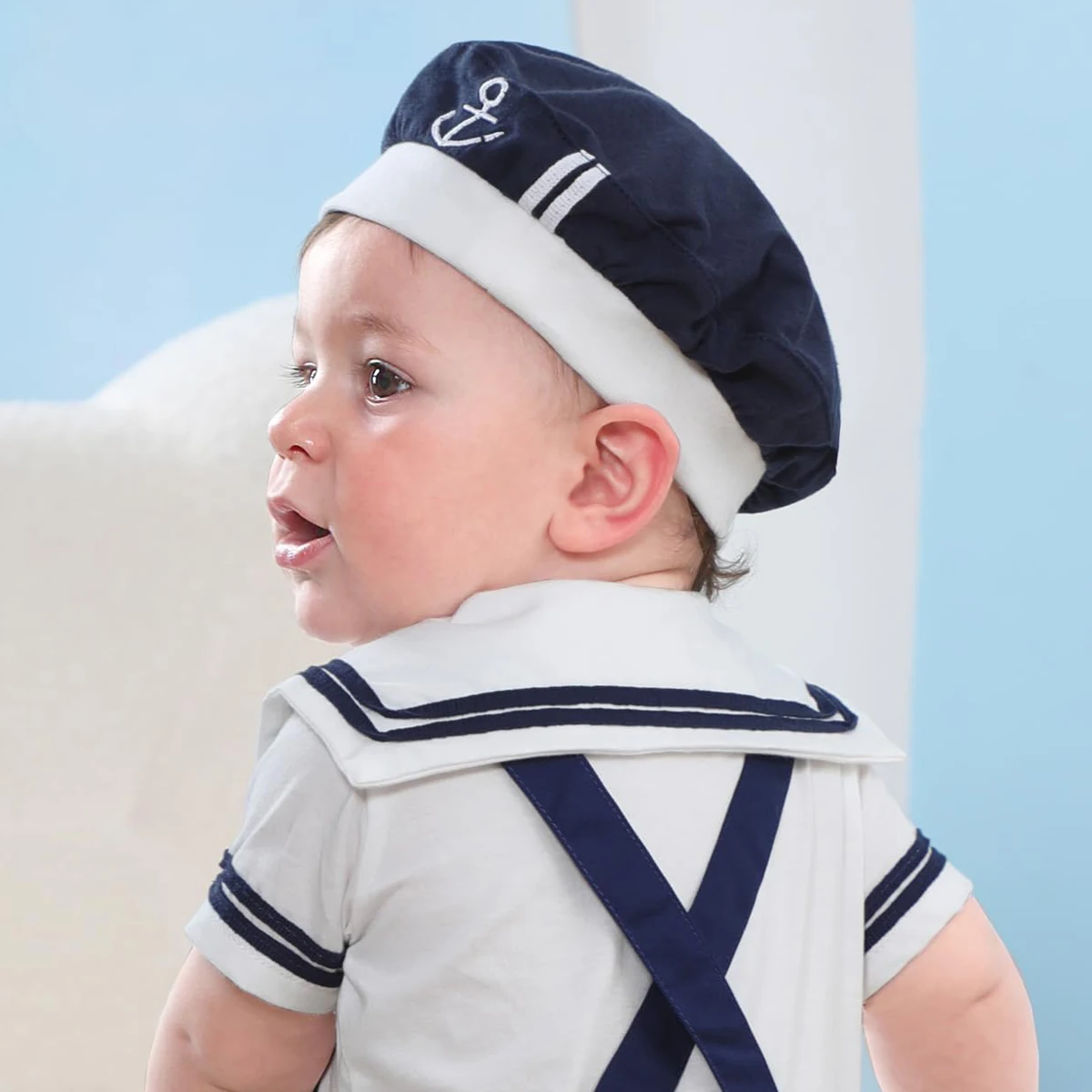 Matrosenhut Baby Junge Kapitän Party Cosplay Kostüm Requisiten Weiß Marine Militärhut Marine Mütze mit Anker 0-12 Monate