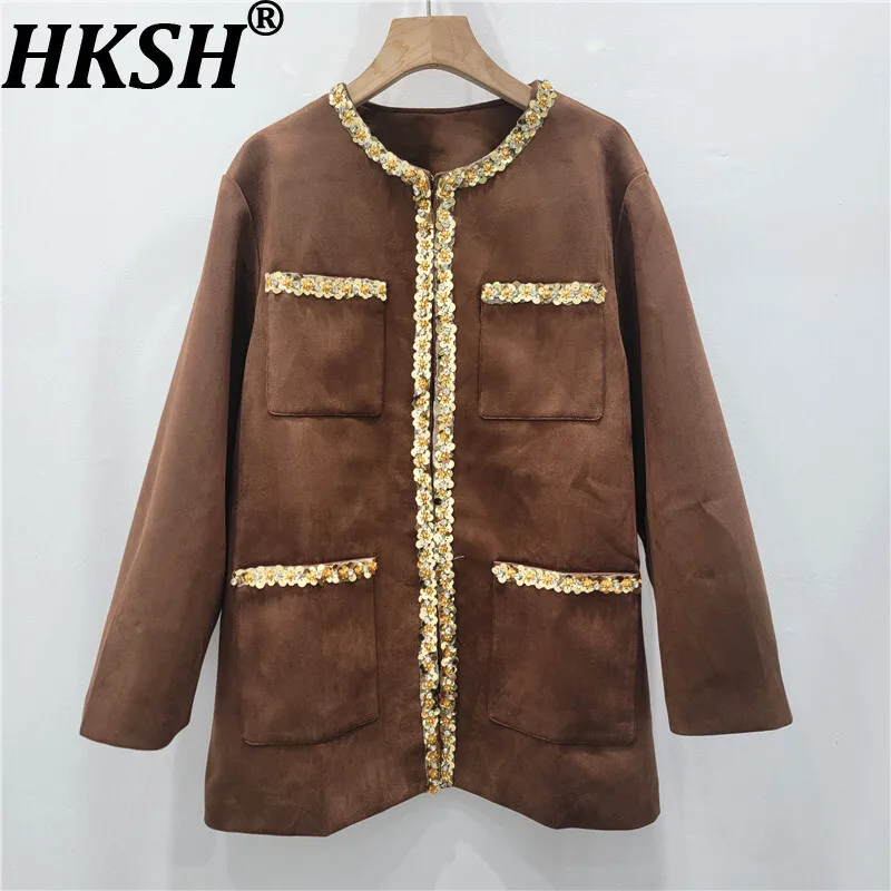 HKSH Lente Herfst Nieuwe Vrouwen Faux Suede O-hals Multi-pocket Zware Ambachtelijke Lovertjes Franse High-End Luxe Elegante Ins jas HK13808